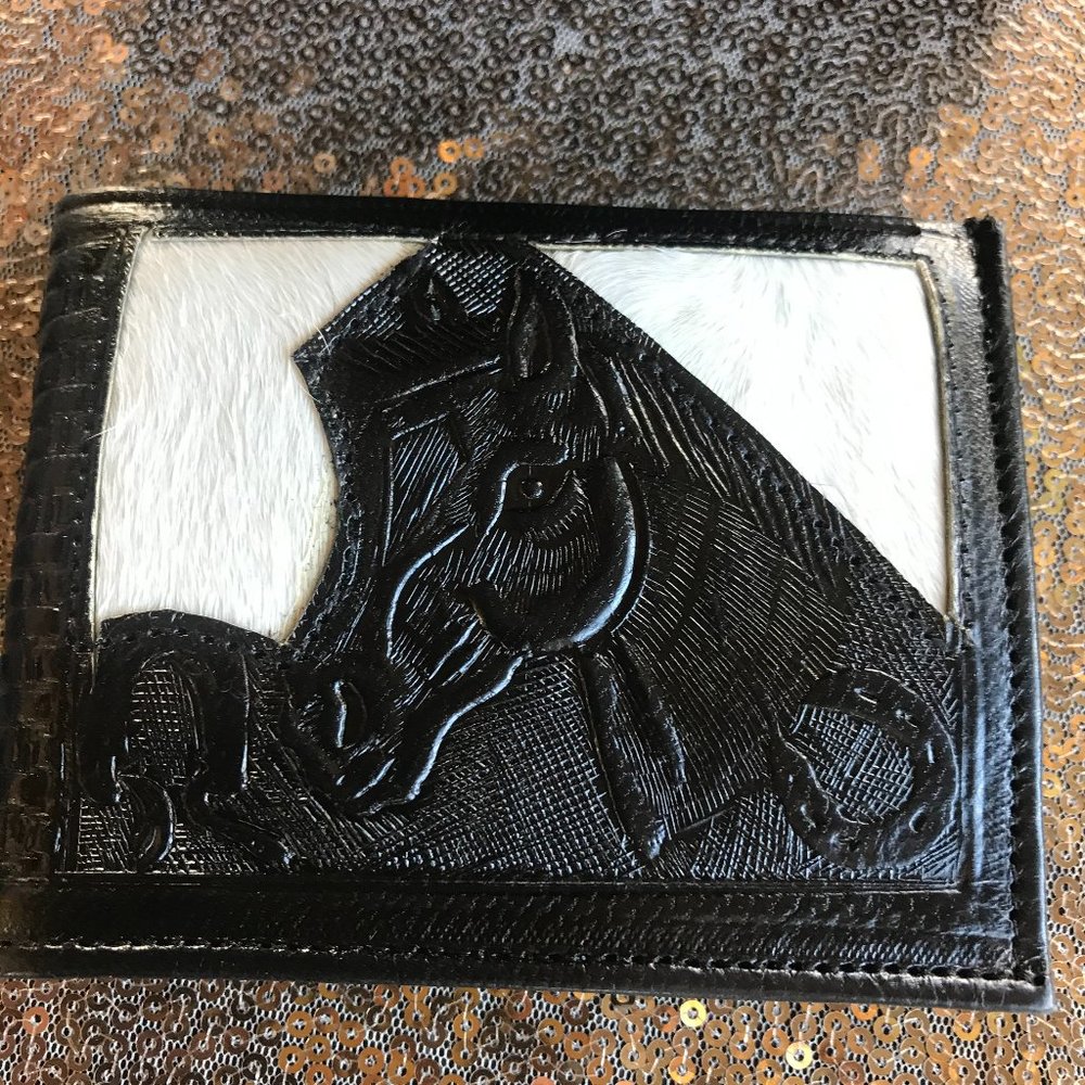 HAND TOOLED BLACK WALLET WITH COWHIDE TRIM